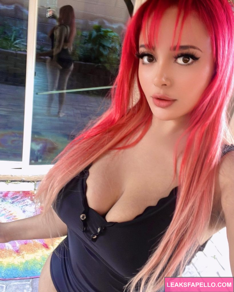 Brie Nightwood @brienightwood OnlyFans big tits pink haired Only Fans model wearing black one piece bikini 