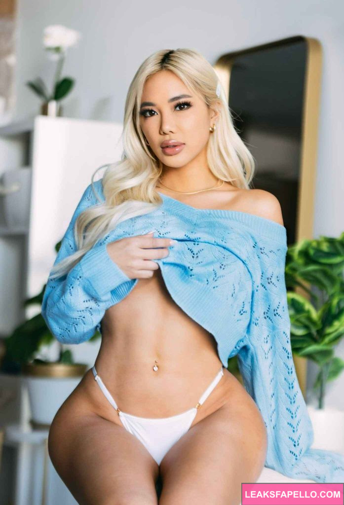 Anthia Mo @gimmemoxo OnlyFans blonde big tits asian hot sexy only fans model wearing white underwear and blue cropped long sleeves