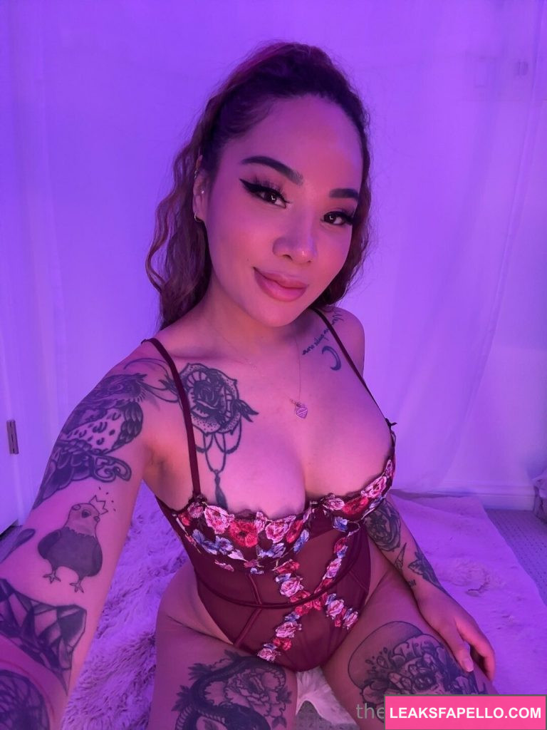 Honey Gold @honeygold OnlyFans hot tattoed big tits only fans model wearing  red sexy lingerie dress on the bed