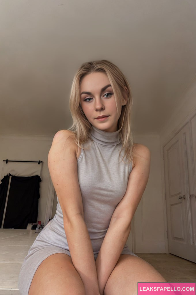 Faith Amelia @faithamelia OnlyFans blonde hot sexy big tits thick ass only fans model wearing grey turtle neck dress sitting on the bed