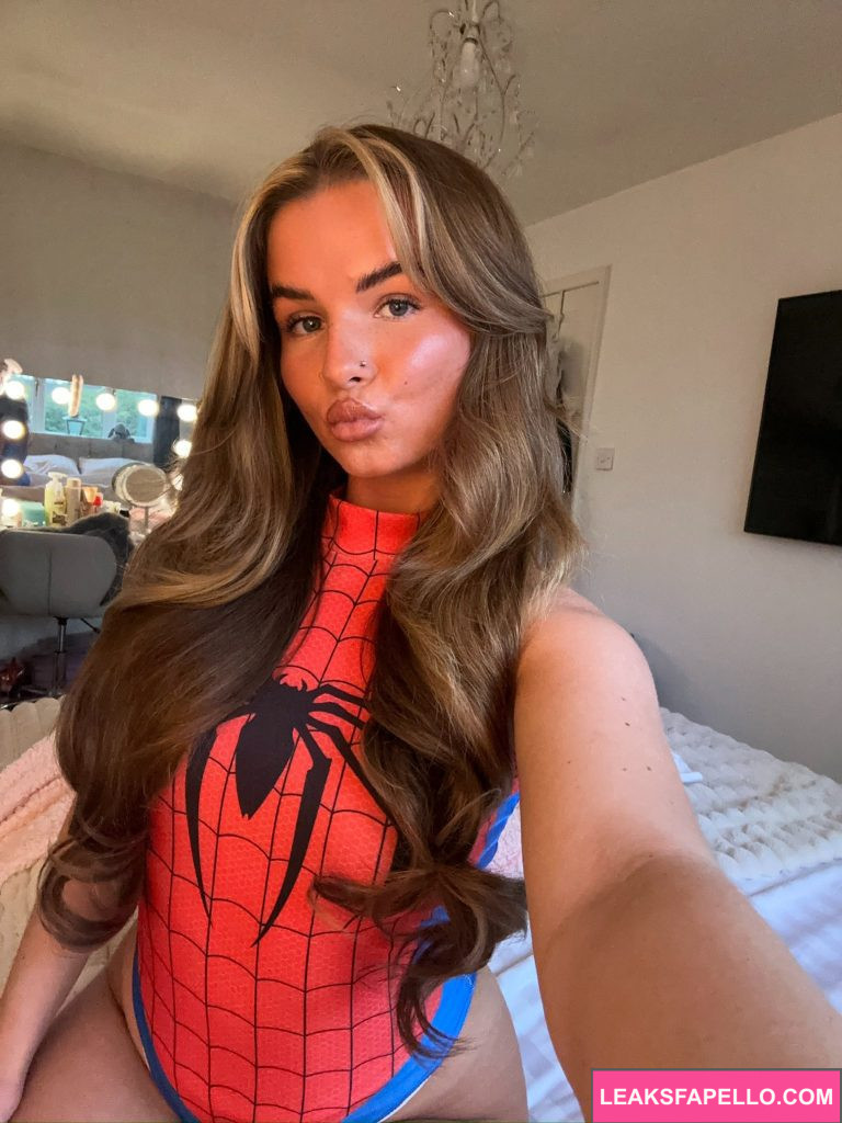 Maddy @maddyxf OnlyFans hot horny big tits thick only fans model wearing spider man cosplay outfit on the bed