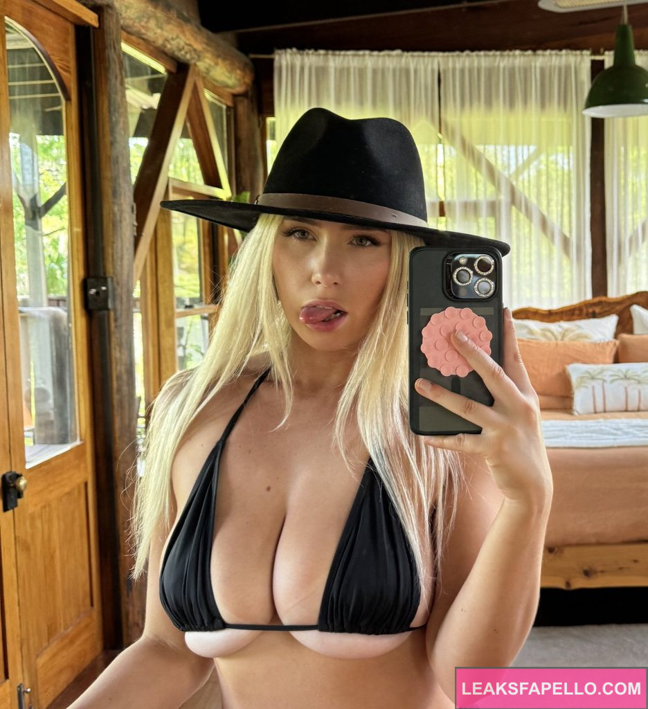 Emily Ahern @wettmelons OnlyFans blonde big tits hot model wearing black hat and bikini mirror shot