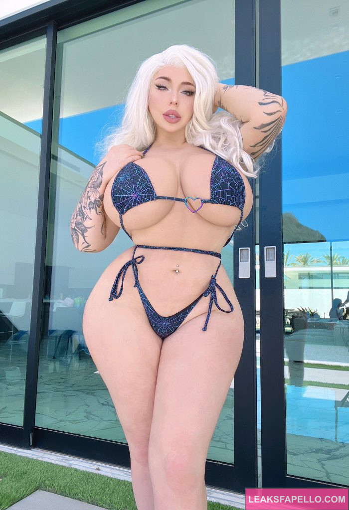 Juliette Michele @bishoujomom OnlyFans busty thick big boobs only fans model wearing blue two piece bikini