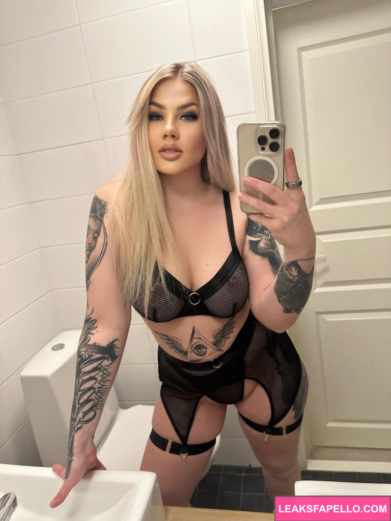 Jasmin Juliet @jasminjuliet OnlyFans blonde thick big tits thick ass only fans model wearing black lingerie mirror shot in the bathroom