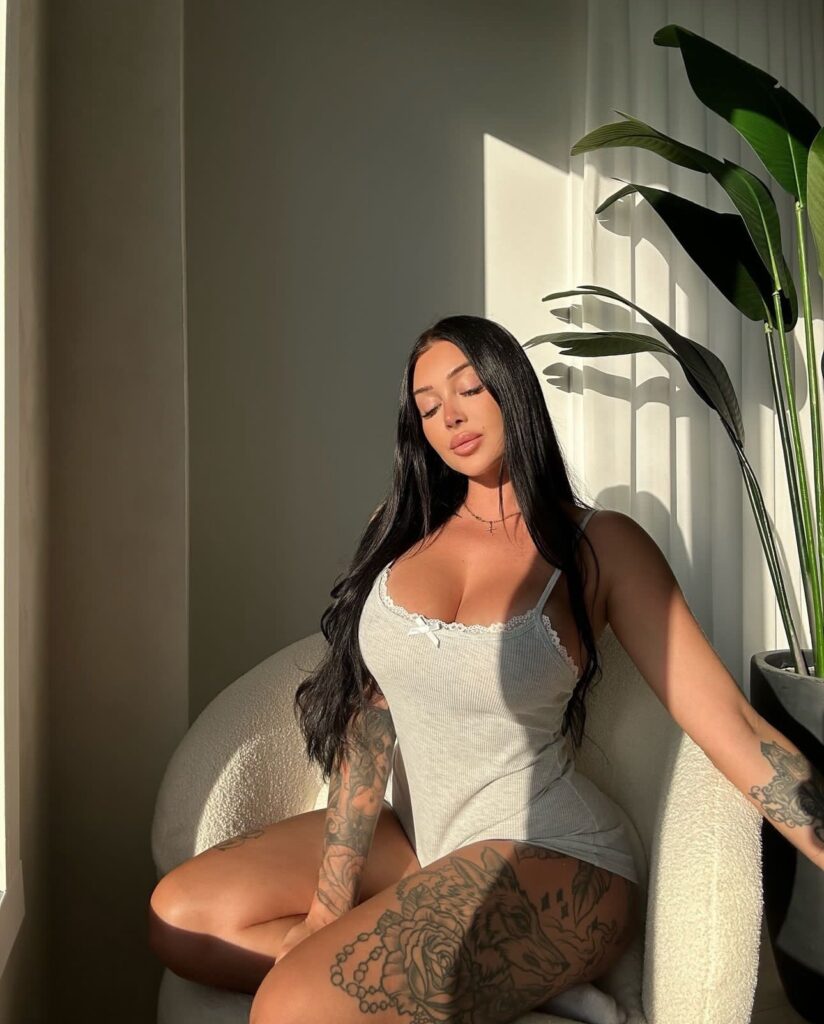 Valerie Cossette @valeriec OnlyFans hot tatted big tits fit only fans model wearing white dress 