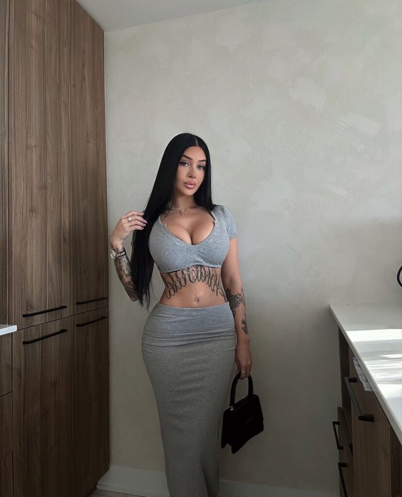 Valerie Cossette @valeriec OnlyFans hot tatted big tits fit only fans model wearing grey dress