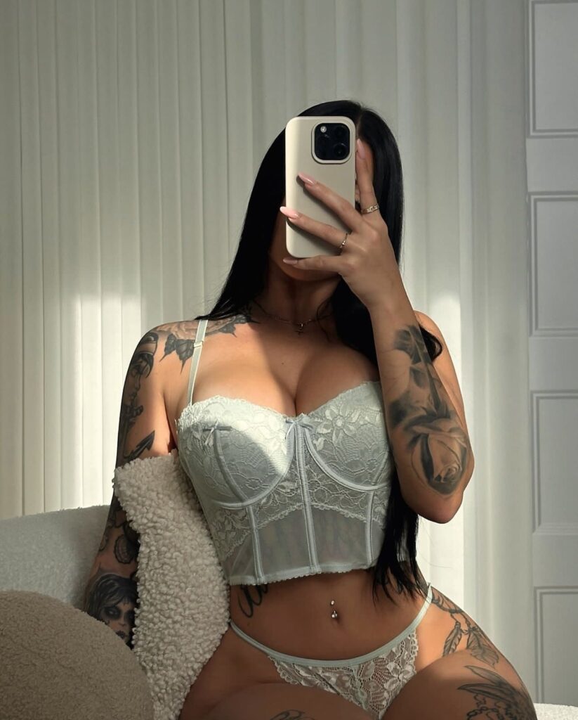 Valerie Cossette @valeriec OnlyFans hot tatted big tits fit only fans model wearing white lingerie mirror shot