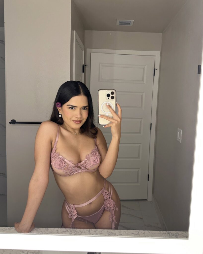 Karina Guerrero @karinaguerrero OnlyFans big tits latina model wearing pink lingerie mirror shot