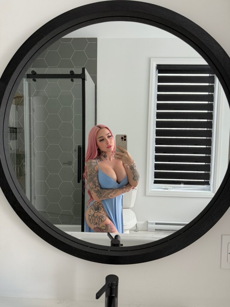 Jade Lavoie @misslavoie OnlyFans big tits thick only fans model wearing blue dress mirror shot